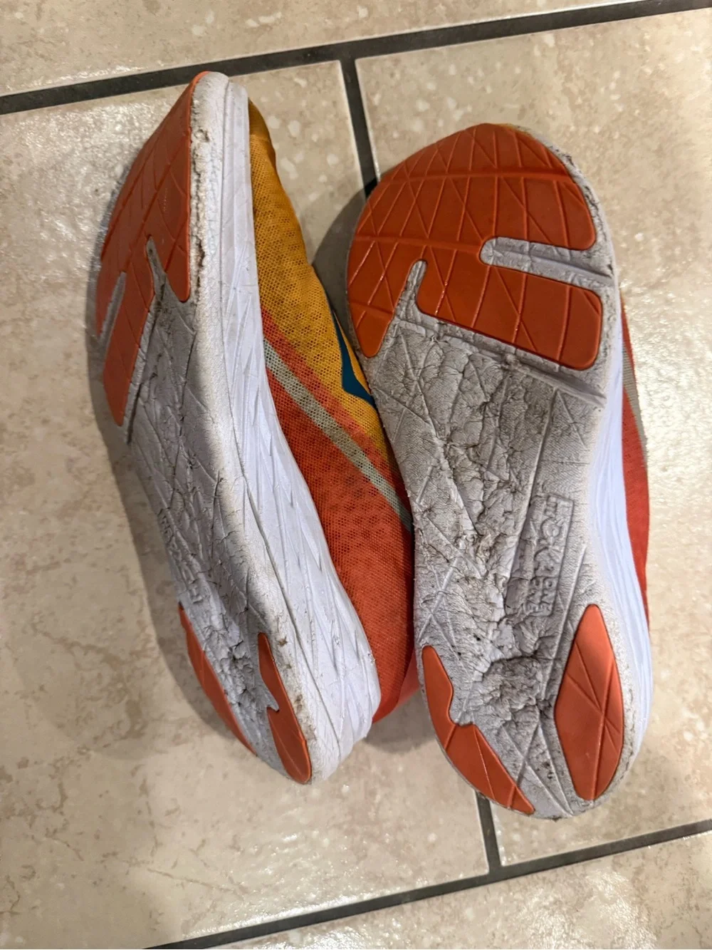 Hoka one ladies size 9.5 shoes Yellow-Orange Athletic Sneakers with Blue Accents